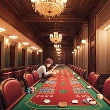 Ilustrasi meja casino dengan dealer dan kartu remi lengkap
